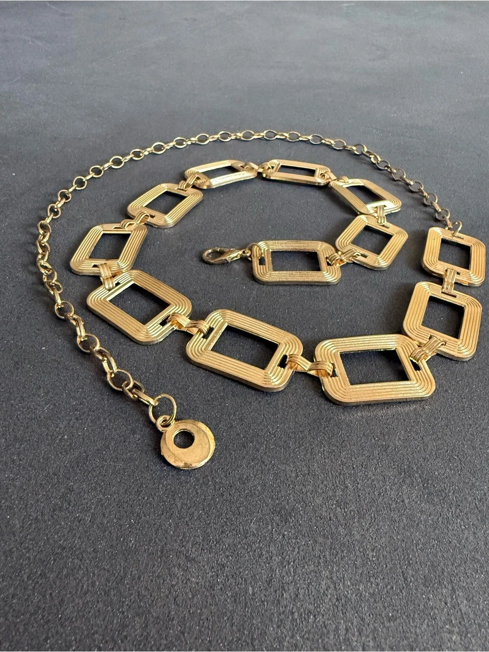 Vintage Gold Textured Rectangle Link Chain Belt Drop Extender Boho Statement